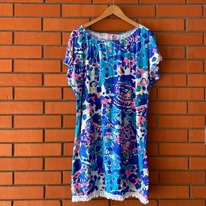 LILY PULITZER Women's Short Sleeve Blue Pink Dress Fringe Dress XL